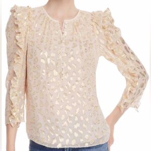 Rebecca Taylor Metallic Gold Leopard Silk Blend Ruffle Blouse Top size 8
